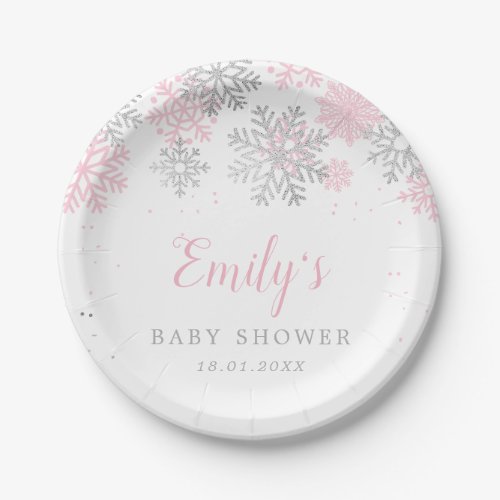 Pink And Silver Snowflakes Winter Girl Baby Shower Paper Plates