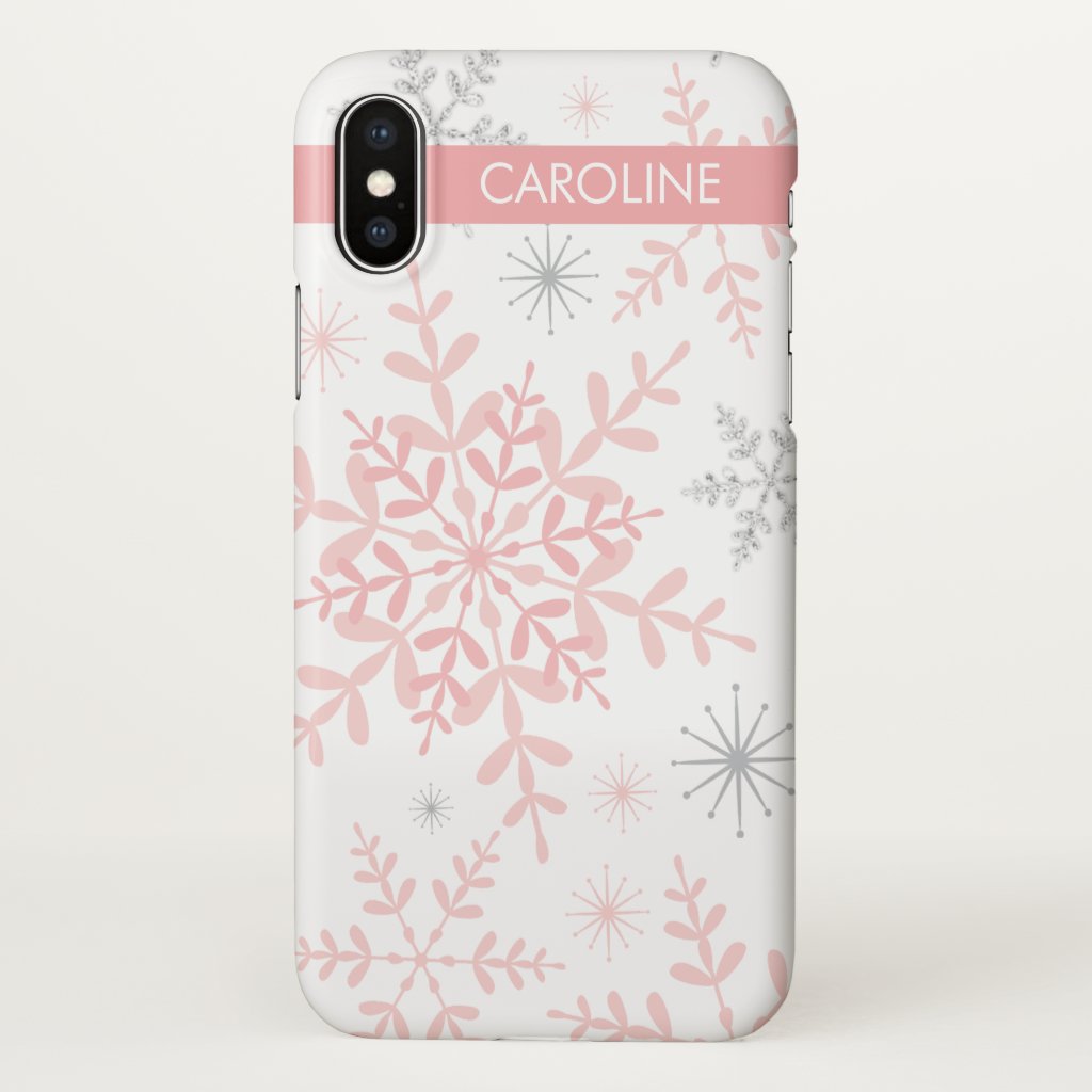 Pink and Silver Snowflakes Winter iPhone X Case