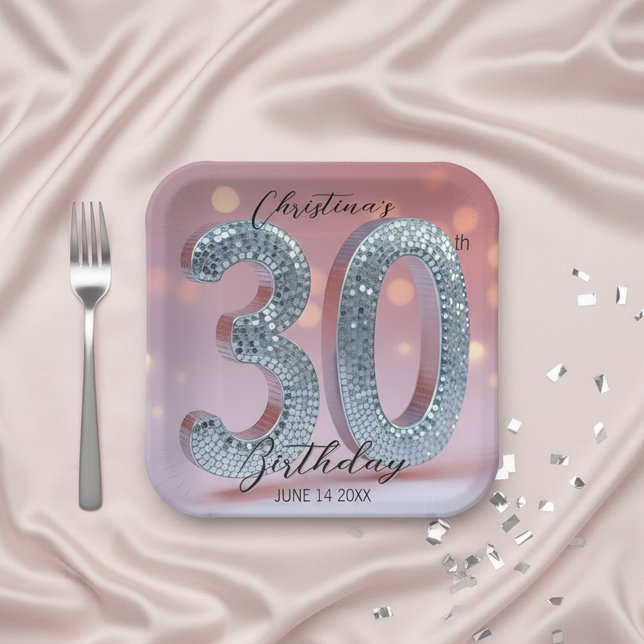 Pink and Silver Sparkling Disco Ball 30th Birthday Paper Plates (Creator Uploaded)