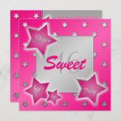 Pink and Silver Stars Sweet 16 Invitation (Front/Back)