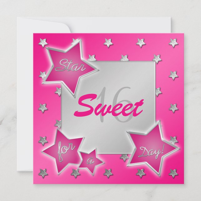 Pink and Silver Stars Sweet 16 Invitation (Front)