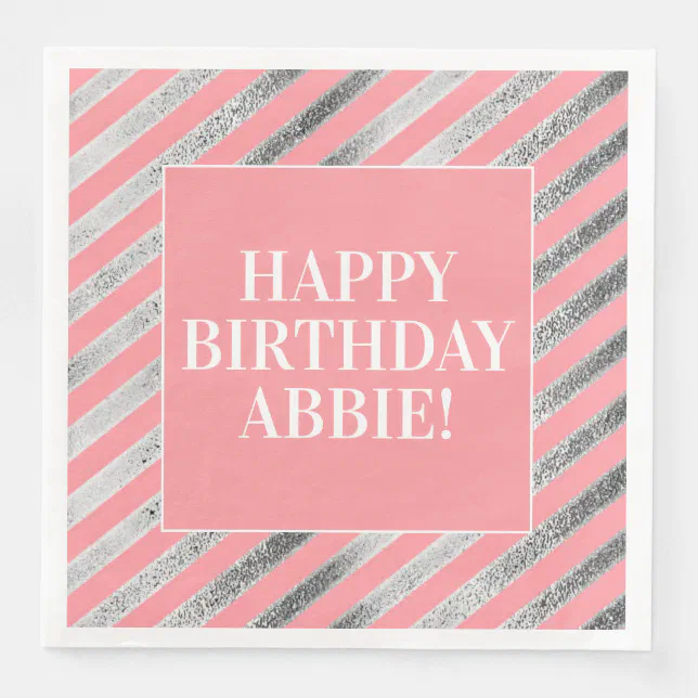 Pink and Silver Striped Birthday Party Napkins | Zazzle