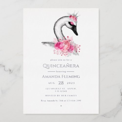 Pink and Silver Swan Quinceaera Foil Invitation