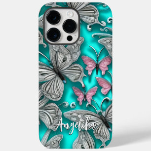 Pink and Silver Teal Butterflies Personalized Name Case-Mate iPhone 14 Pro Max Case