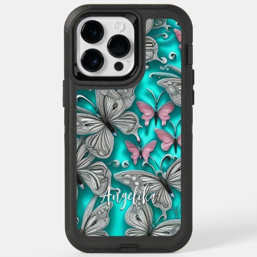 Pink and Silver Teal Butterflies Personalized Name OtterBox iPhone 14 Pro Max Case