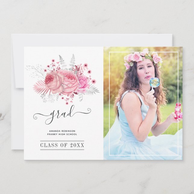 Pink and Silver Tropical Floral Graduation Photo Announcement (Front)