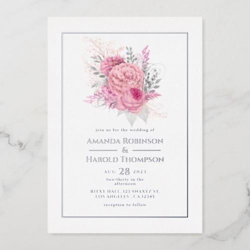 Pink and Silver Tropical Floral Wedding Foil Invit Foil Invitation