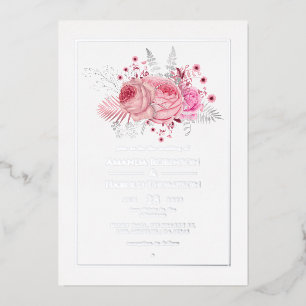 Pink and Silver Tropical Floral Wedding Foil Invitation
