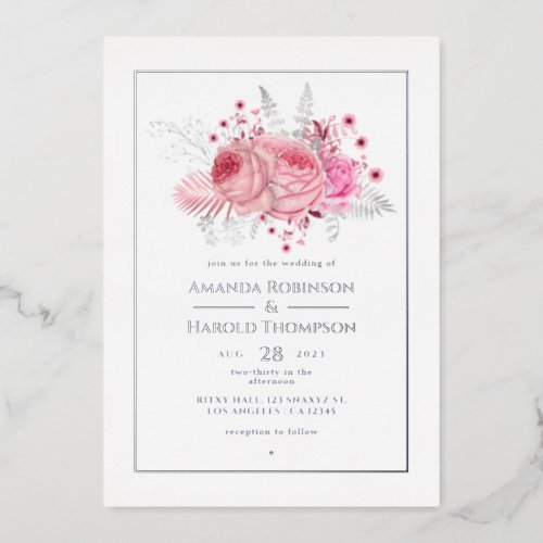 Pink and Silver Tropical Floral Wedding Foil Invitation