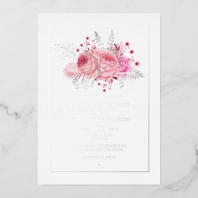 Pink and Silver Tropical Floral Wedding Foil Invitation (Front)