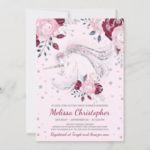 Pink and silver unicorn burgundy blush pink floral invitation