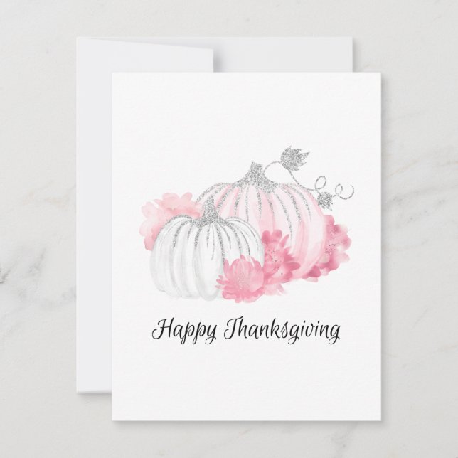 Pink And Silver Watercolor Pumpkins Holiday Card (Front)