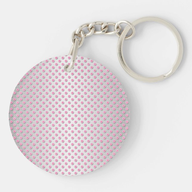Pink and Silvery White Polka Dots Pattern Keychain (Back)