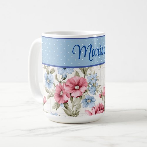 Pink and Sky Blue Floral and Polka Dots Mug