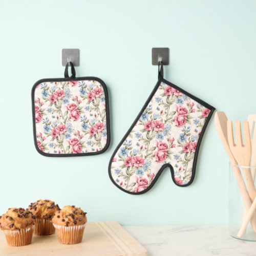 Pink and Sky Blue Floral and Polka Dots  Oven Mitt  Pot Holder Set