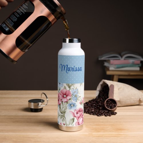 Pink and Sky Blue Floral and Polka Dots Water Bottle