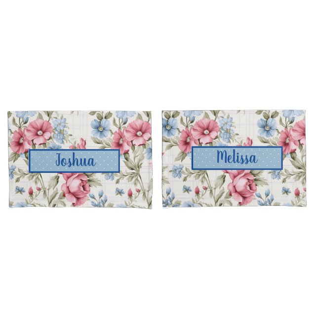 Pink and Sky Blue Floral - Polka Dot - Monogrammed Pillow Case (Front-Set)