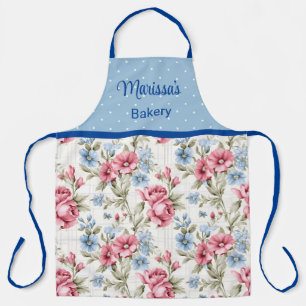Pink and Sky Blue Floral - Polka Dots Monogrammed Apron
