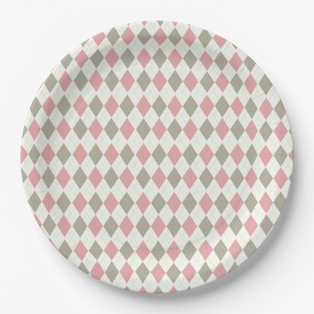 Pink and Taupe Argyle Pattern-Elegant  Versatile Paper Plates (Front)