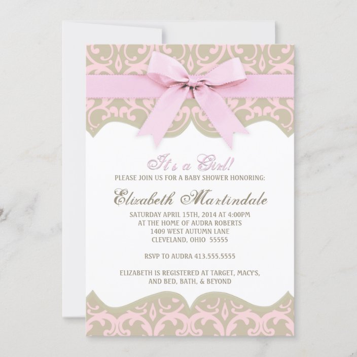 Pink and Taupe Damask Baby Shower Invitation | Zazzle.com