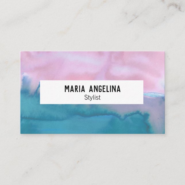 Pink and teal abstract watercolor business card (Front)