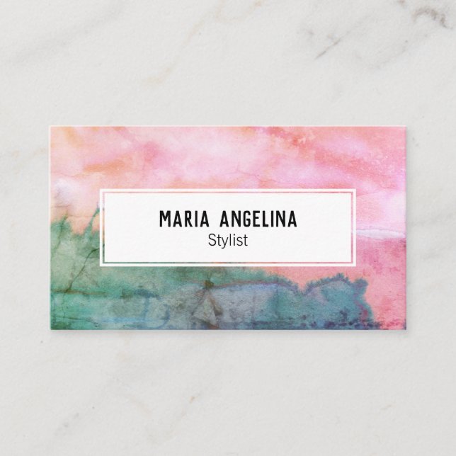 Pink and teal abstract watercolor distressed business card (Front)