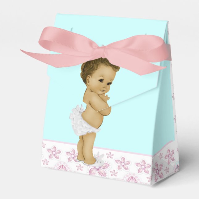 Pink and Teal African American Baby Girl Shower Favor Boxes (Front Side)