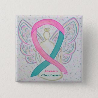 Pink and Teal Awareness Ribbon Angel Button pins