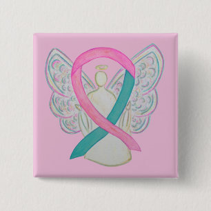 Pink and Teal Awareness Ribbon Angel Button Pins