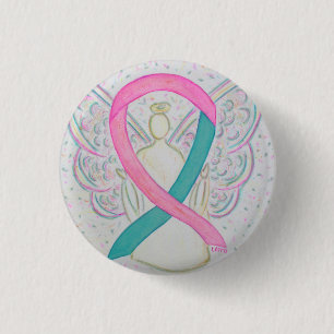 Pink and Teal Awareness Ribbon Angel Button Pins
