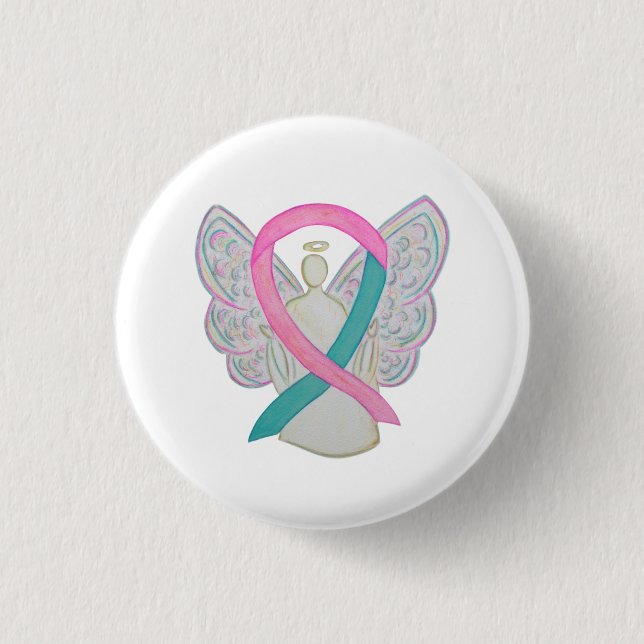Pink and Teal Awareness Ribbon Angel Button Pins (Front)