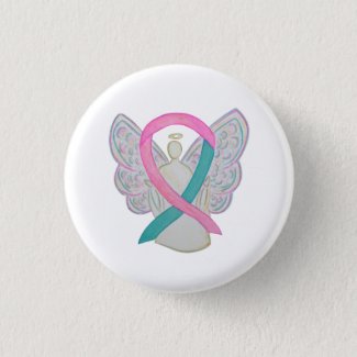 Pink and Teal Awareness Ribbon Angel Button Pins