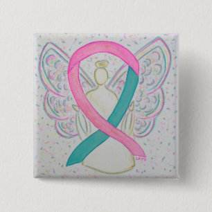 Pink and Teal Awareness Ribbon Angel Button Pins
