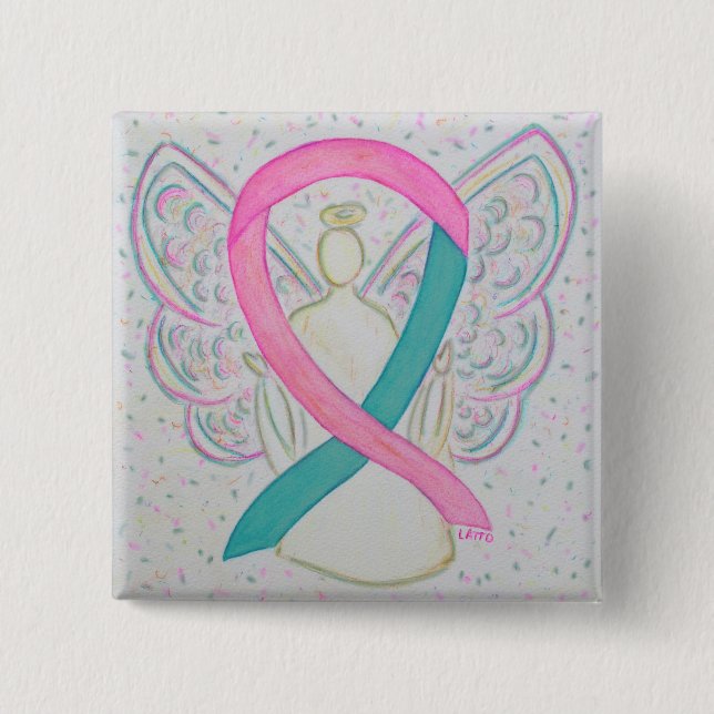 Pink and Teal Awareness Ribbon Angel Button Pins (Front)