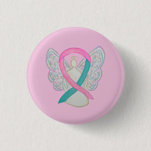 Pink and Teal Awareness Ribbon Angel Button Pins