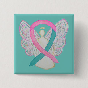 Pink and Teal Awareness Ribbon Angel Button Pins