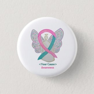 Pink and Teal Awareness Ribbon Angel Pin Buttons