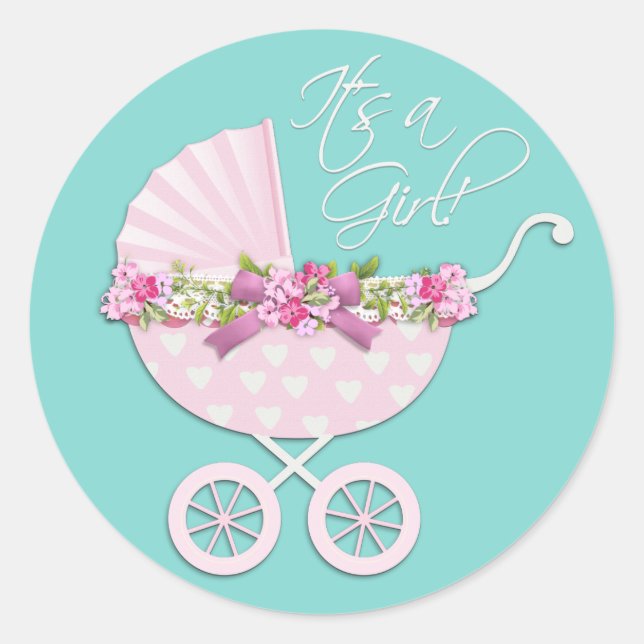 Pink and Teal Blue Baby Carriage Stickers (Front)