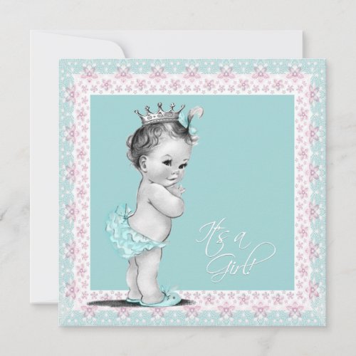 Pink and Teal Blue Vintage Baby Girl Shower Custom Invitations