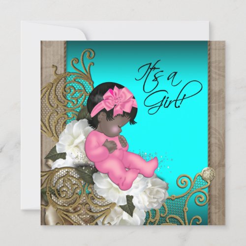 Pink and Teal Blue Vintage Baby Girl Shower Custom Announcements