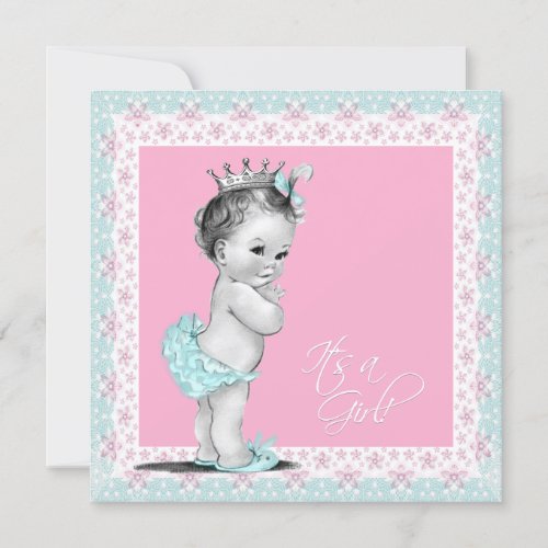 Pink and Teal Blue Vintage Baby Girl Shower Personalized Invitation