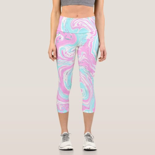 Pink and Teal Blue Cotton Candy Colors Marble  Capri Leggings