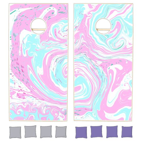 Pink and Teal Blue Cotton Candy Colors Marble  Cornhole Set