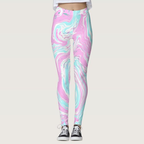 Pink and Teal Blue Cotton Candy Colors Marble   Leggings