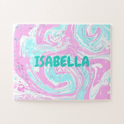 Pink and Teal Blue Cotton Candy Colors Marble Name Jigsaw Puzzle