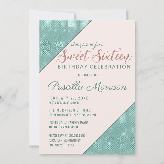 Pink and Teal Blue Faux Glitter Sequin Sweet 16 Invitation (Front)