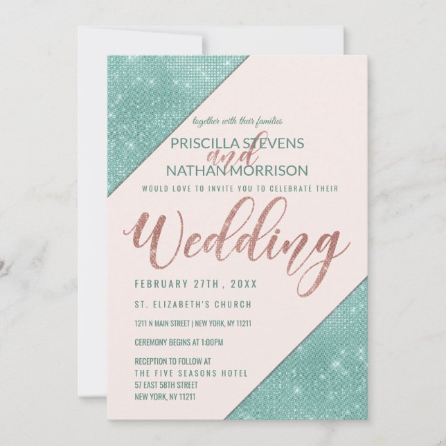 Pink and Teal Blue Faux Glitter Sequin Wedding Invitation (Front)