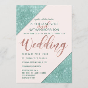 Pink and Teal Blue Faux Glitter Sequin Wedding Invitation