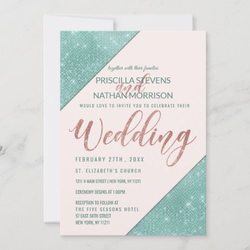 Pink and Teal Blue Faux Glitter Sequin Wedding Invitation
