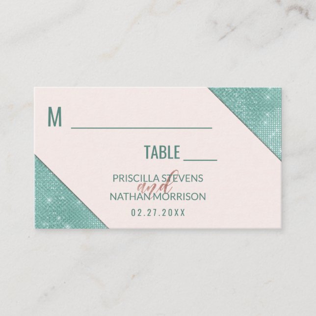 Pink and Teal Blue Faux Glitter Sequin Wedding Place Card (Front)